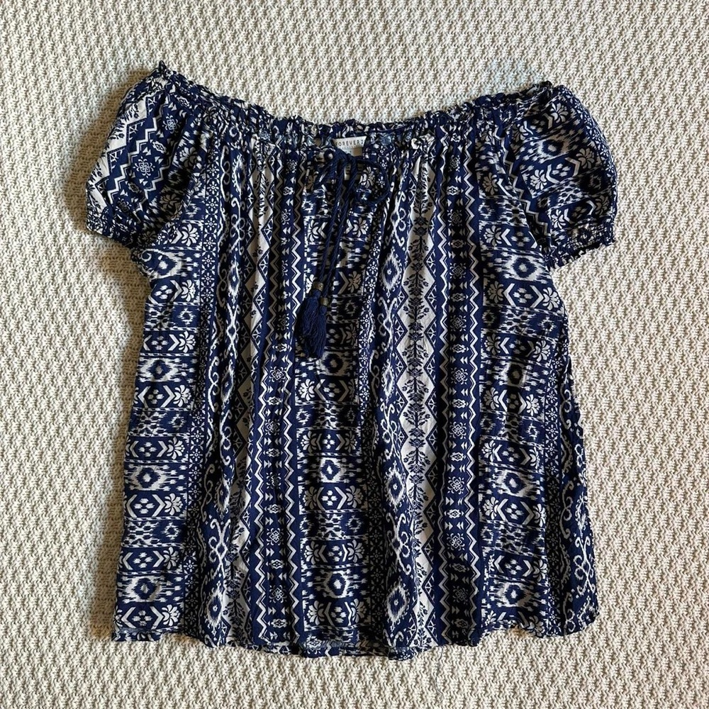Blue and white boho off the shoulder top